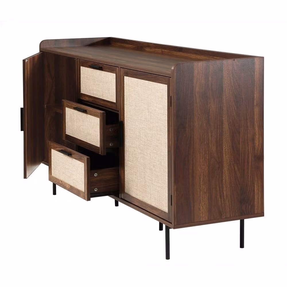 CALICOSY Jetson 2-Door 3-Drawer Sideboard in Walnut Finish with Fabric Fronts, Dark Brown – 6
