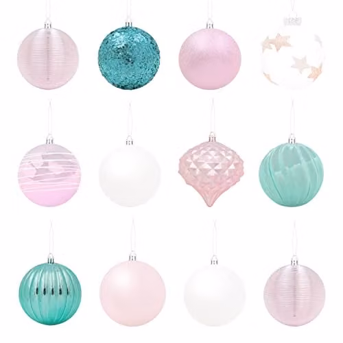 The Christmas Workshop Set of 12 Shatterproof Textured Plastic Round Baubles in Pink, Blue and White