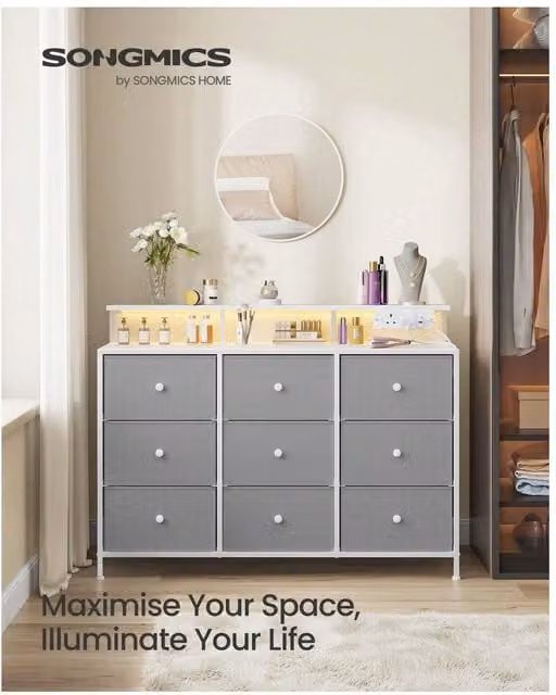 SONGMICS LED Chest of Drawers with 9 Fabric Drawers, Grey