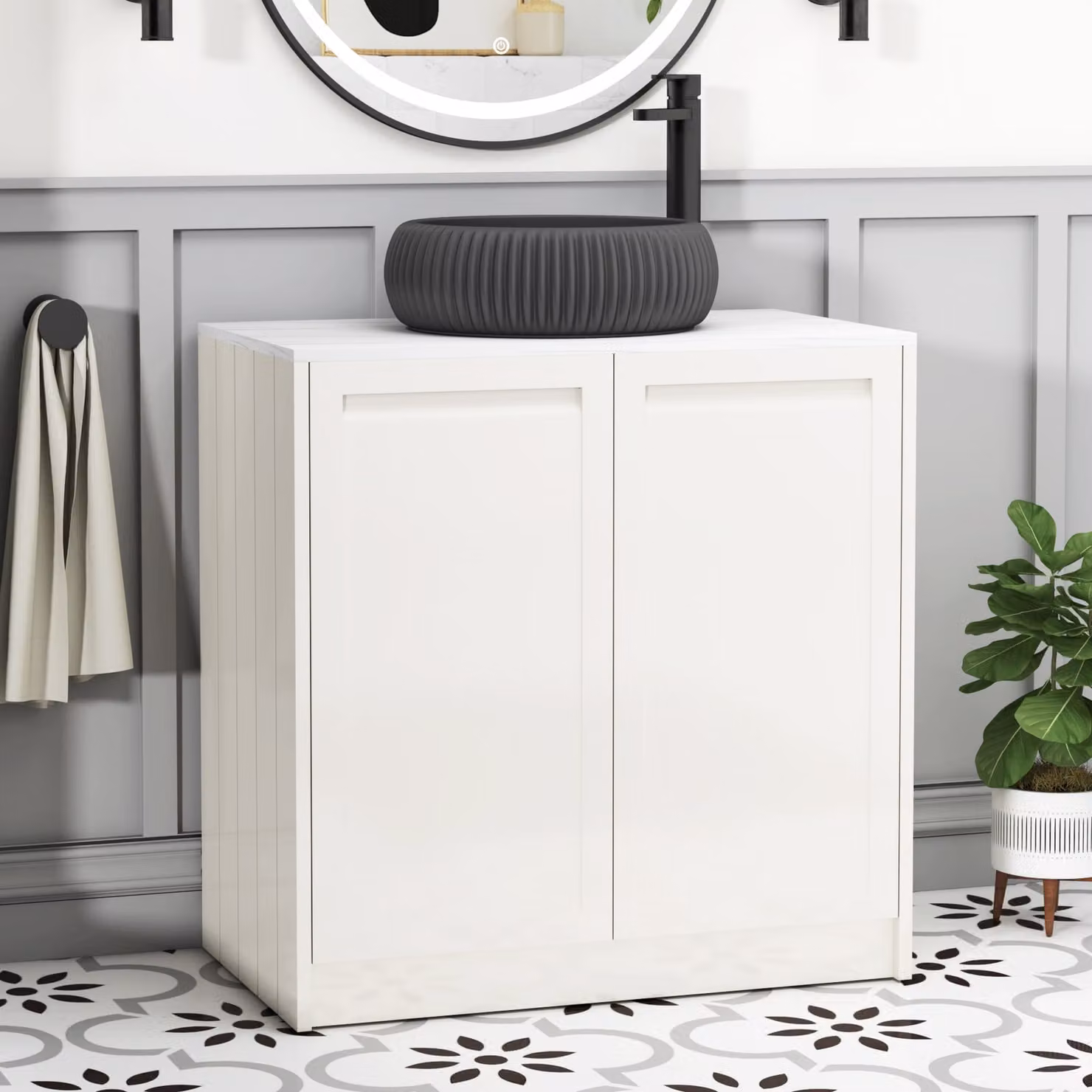 Royal Bathrooms Elmore Classic White Floor Standing 2 Door Vanity Unit with Milan Black Basin, Width: 80 cm