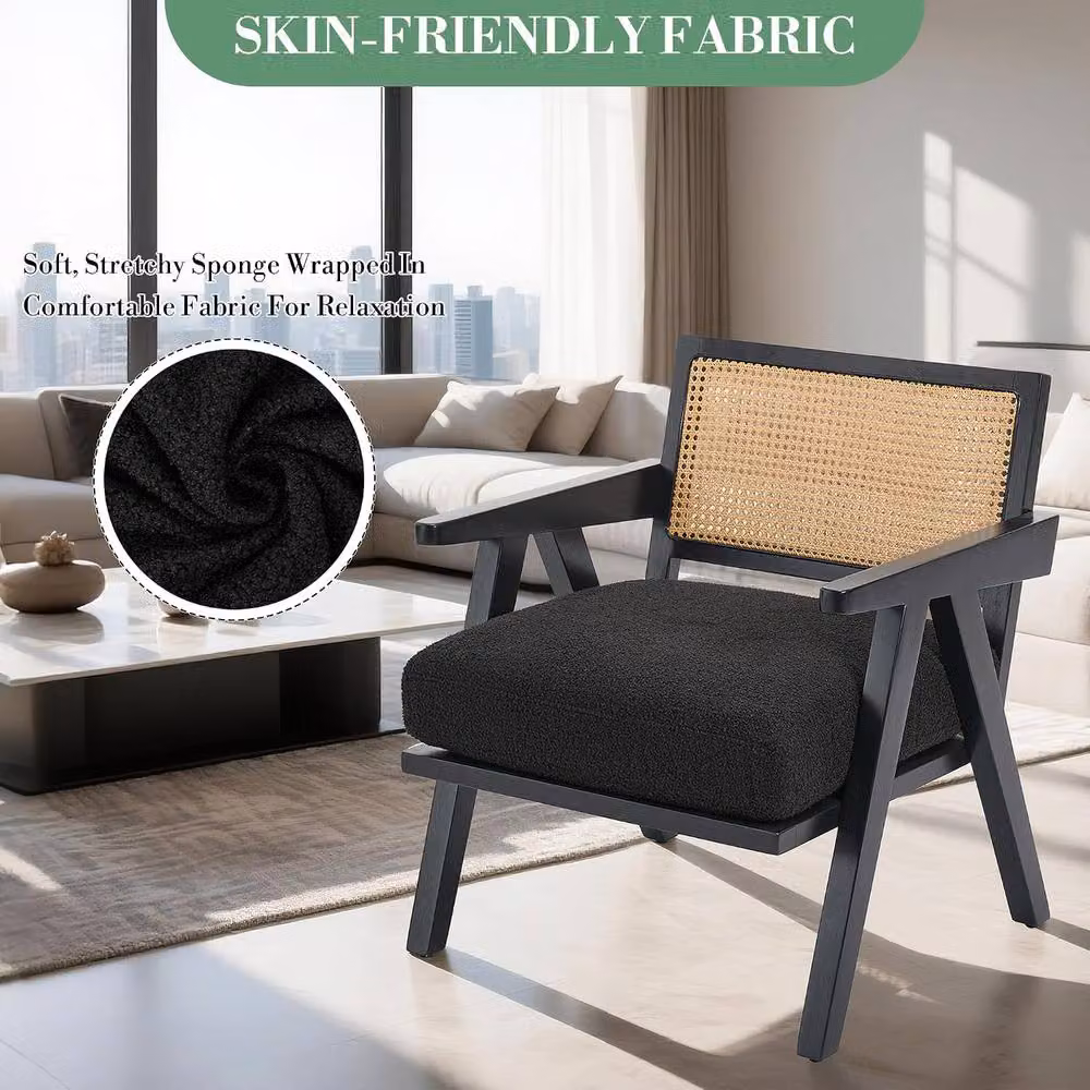 London Boutique Black Rattan Accent Armchair with Teddy Bouclé Fabric Upholstery and Solid Wood Frame – 6
