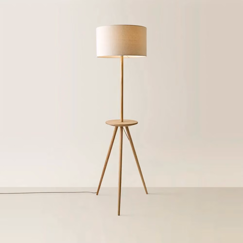 ValueLights Desmond Tripod Floor Lamp with Beige Linen Cylinder Shade and Wood Legs – 2