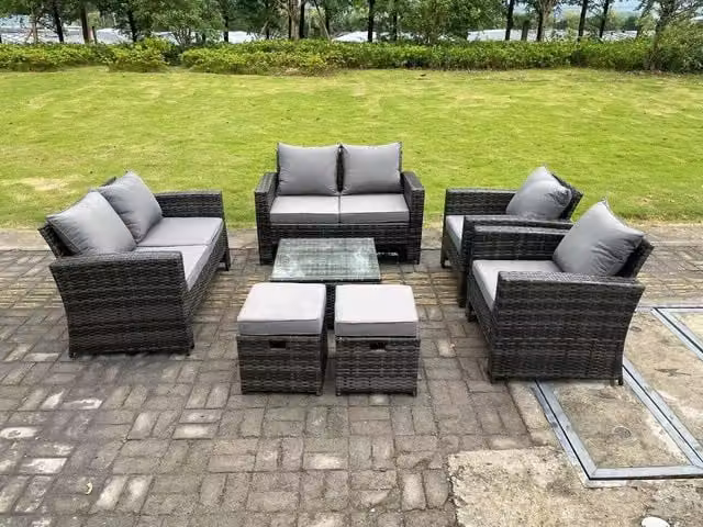 Fimous 8 Seater Rattan Garden Furniture Set with High Back Sofas, Chairs, Stools and Square Coffee Table in Dark Grey