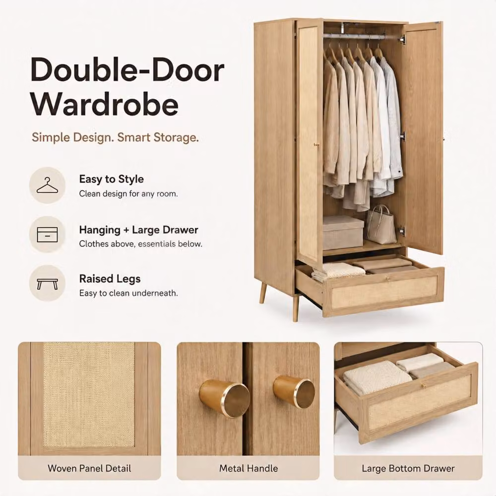 Matteo 2 Door Double Wardrobe with Integrated Drawers in Rattan-Effect Oak Finish, Brown and Beige, H 180 x W 80 x D 55 cm – 3