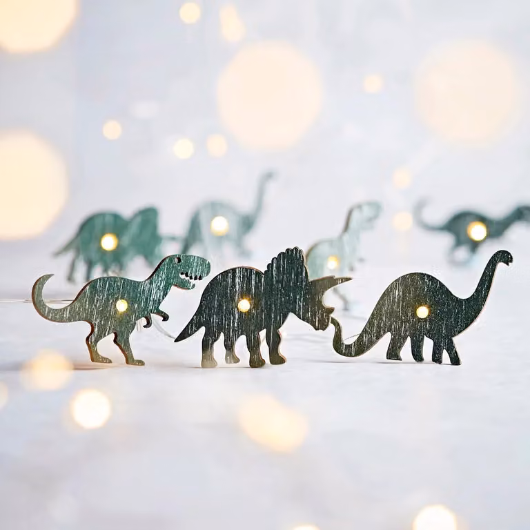 Lights4fun Wooden Dinosaur Children's String Fairy Lights with 20 Warm White Micro LEDs, Silver Wire, 1.9m, Green and White