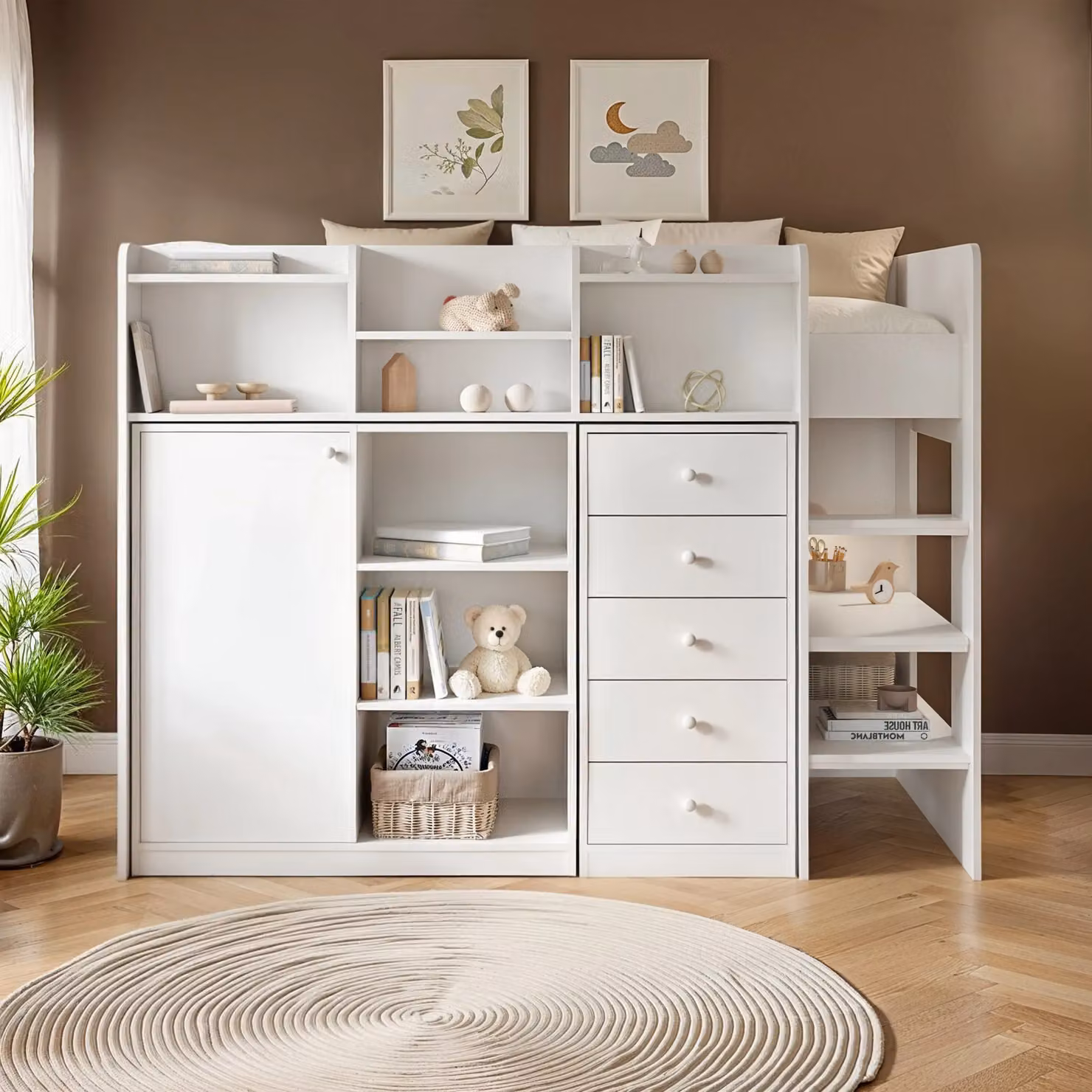 Flair Furniture Wizard Mid High Sleeper Storage Station in White with Stairs and Drawers – 4