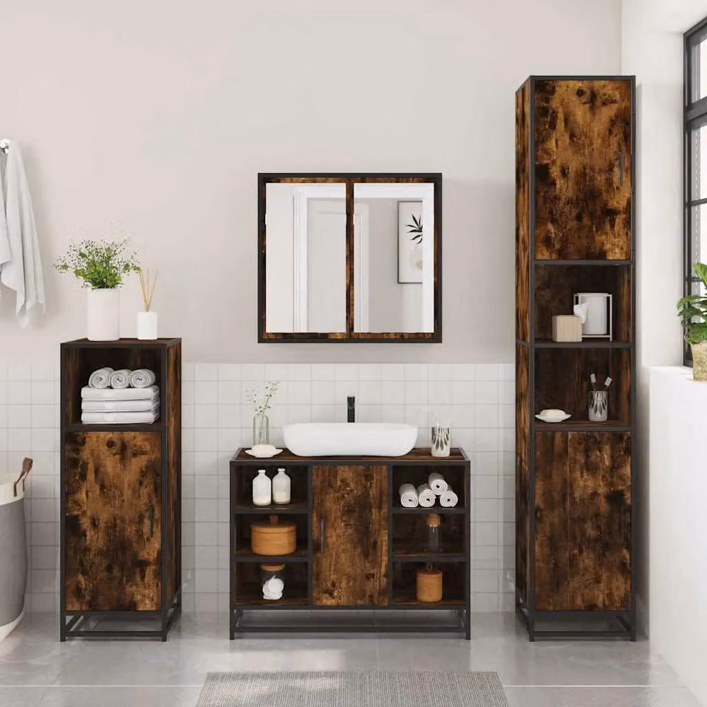 Berkfield Home 2 Piece Industrial Bathroom Furniture Set in Smoked Oak Brown featuring a Vanity Unit and Mirror Cabinet – 4