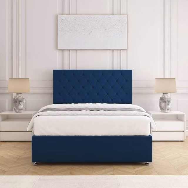 BSSPOKE Mia Plush Velvet Double Divan Bed Set with 24 inch Headboard and Mattress in Blue, W/D/H: 140 x 200 cm