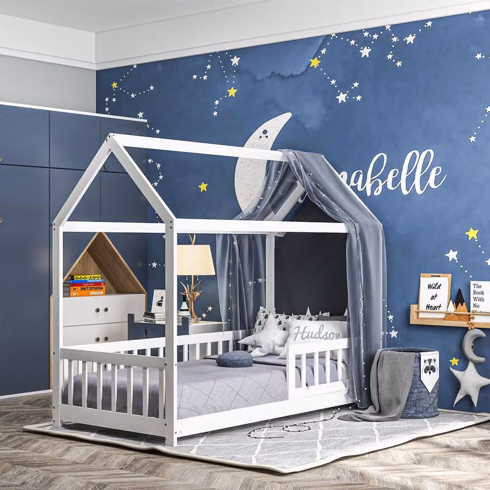 HOMCOM House-Shaped Solid Wood Kids Bed Frame with Guard Rails in White, 90 x 190 cm – 2