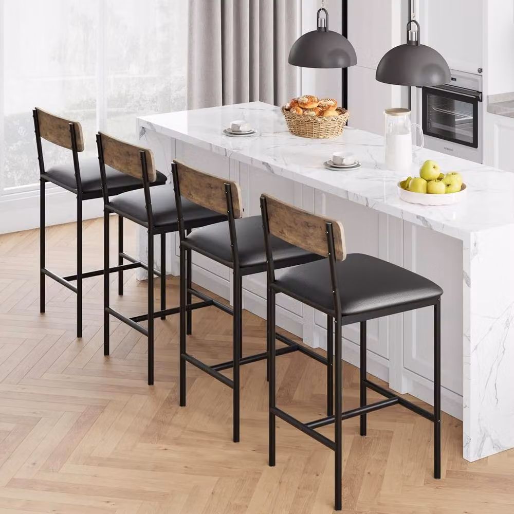 London Boutique Set of 4 Upholstered Counter Height Bar Stools in Brown Synthetic Leather – 4