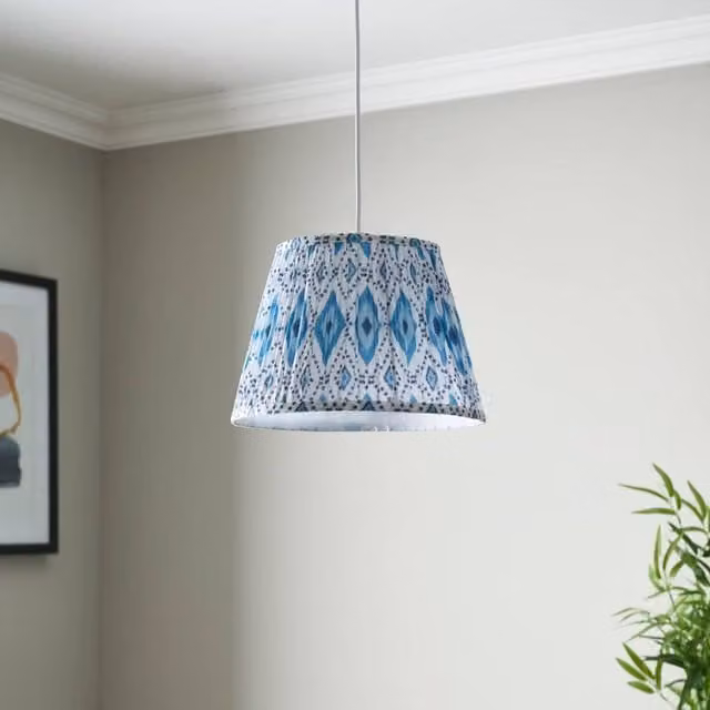 First Choice Lighting Set of 2 Blue Multicolour Ikat Fabric Easy Fit Round Pendant or Table Lampshades, Diameter: 30 cm