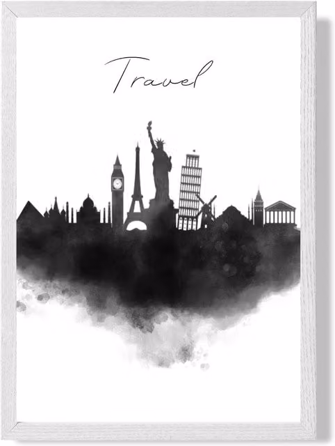 ARTZE Travel Watercolour Skyline City Framed Print, Black and White, A2