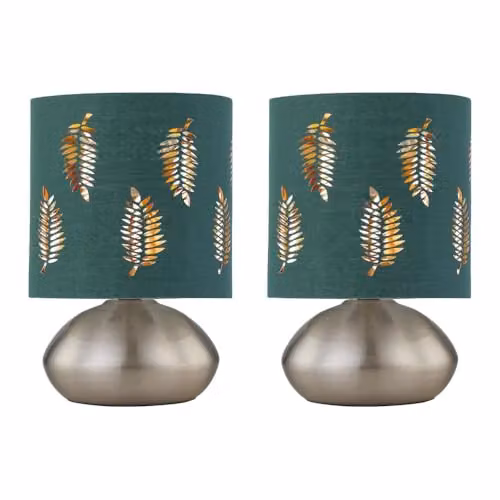 First Choice Lighting Jenson Set of 2 Brushed Chrome Touch Table Lamps with Green Fabric Shades – 4