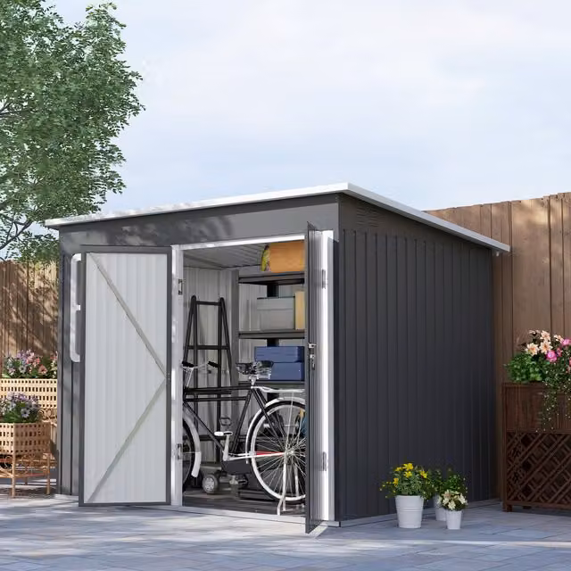 Outsunny Metal Pent Garden Shed with Window and Foundation Kit, Dark Grey, W: 260 cm, D: 177 cm, H: 190 cm