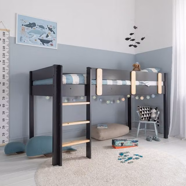 Noa and Nani Una Mid-Height Cabin Bed with Stairs in Anthracite Grey Solid Pine Wood