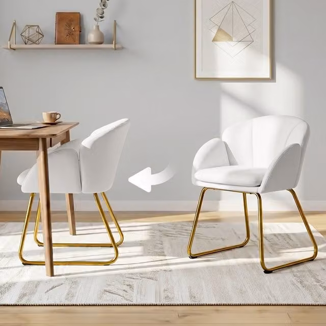 Yaheetech Modern Flower Shape Accent Chair in Matte White and Gold Fabric with Cantilever Base