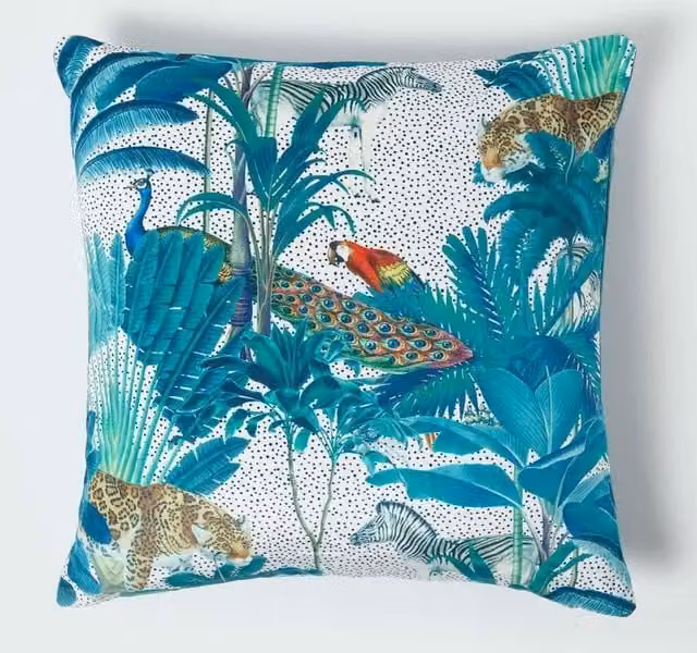 Homescapes Teal Blue Reversible Velvet Tropical Jungle Cushion with Parrot and Leopard Design, W/D/H: 46 x 46 x 46 cm