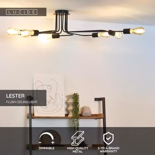 Lucide Lester Dimmable Modern Metal Flush Ceiling Light, Black, 8 x E27 – 2