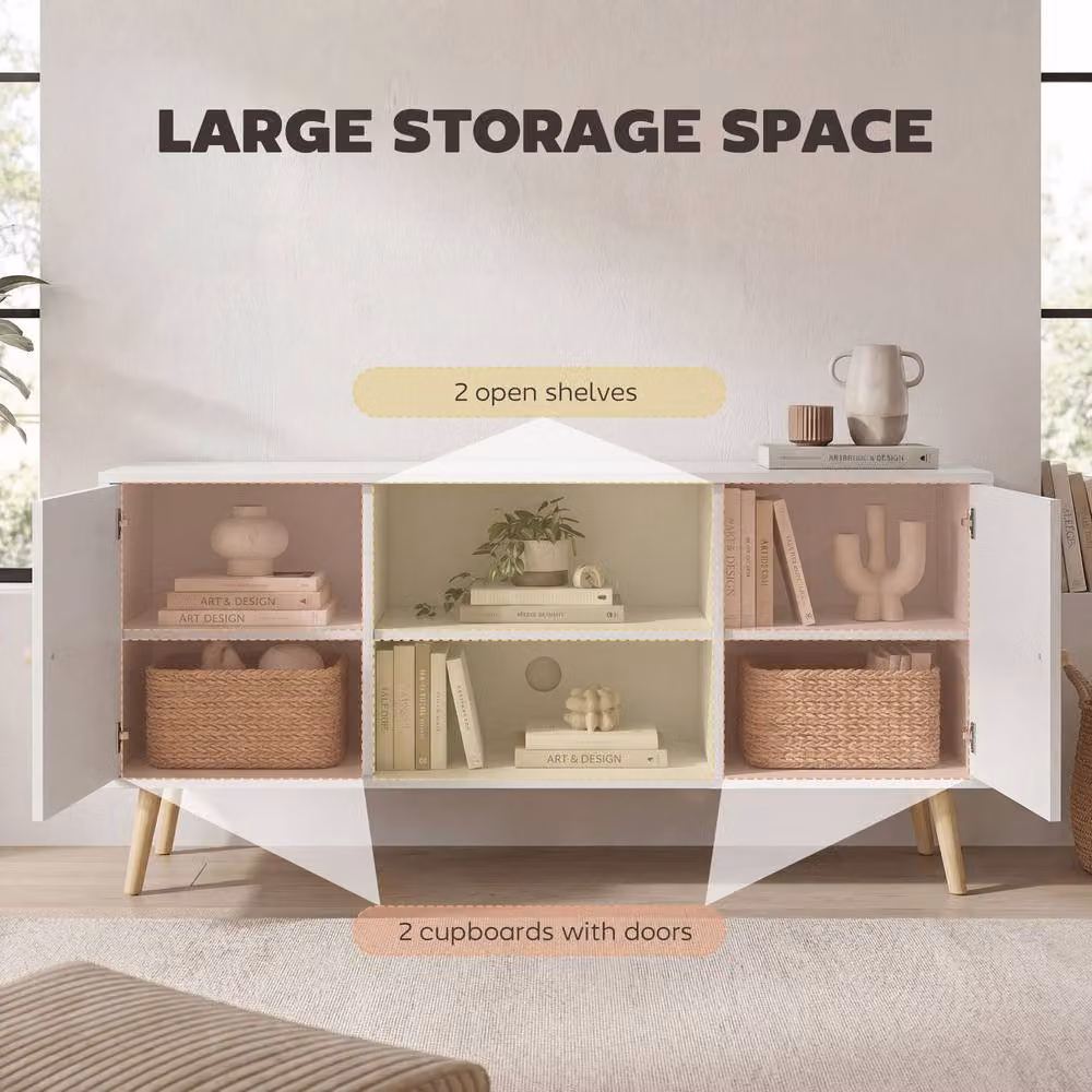 HOMCOM Modern White TV Stand Cabinet with Wood Legs and Cable Management Grommets – 4