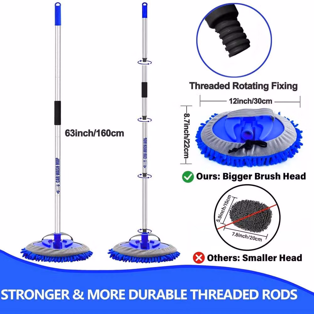 VOGREX Blue Microfibre Car Wash Brush with 160cm Extendable Aluminium Telescopic Handle and Refillable Head – 2
