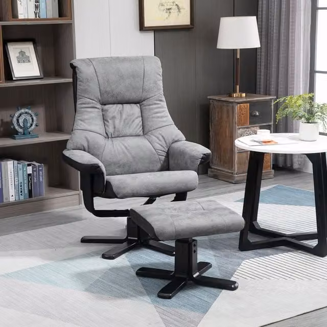 HOMCOM Grey Faux Leather Manual Recliner Swivel Armchair with Footrest – 1