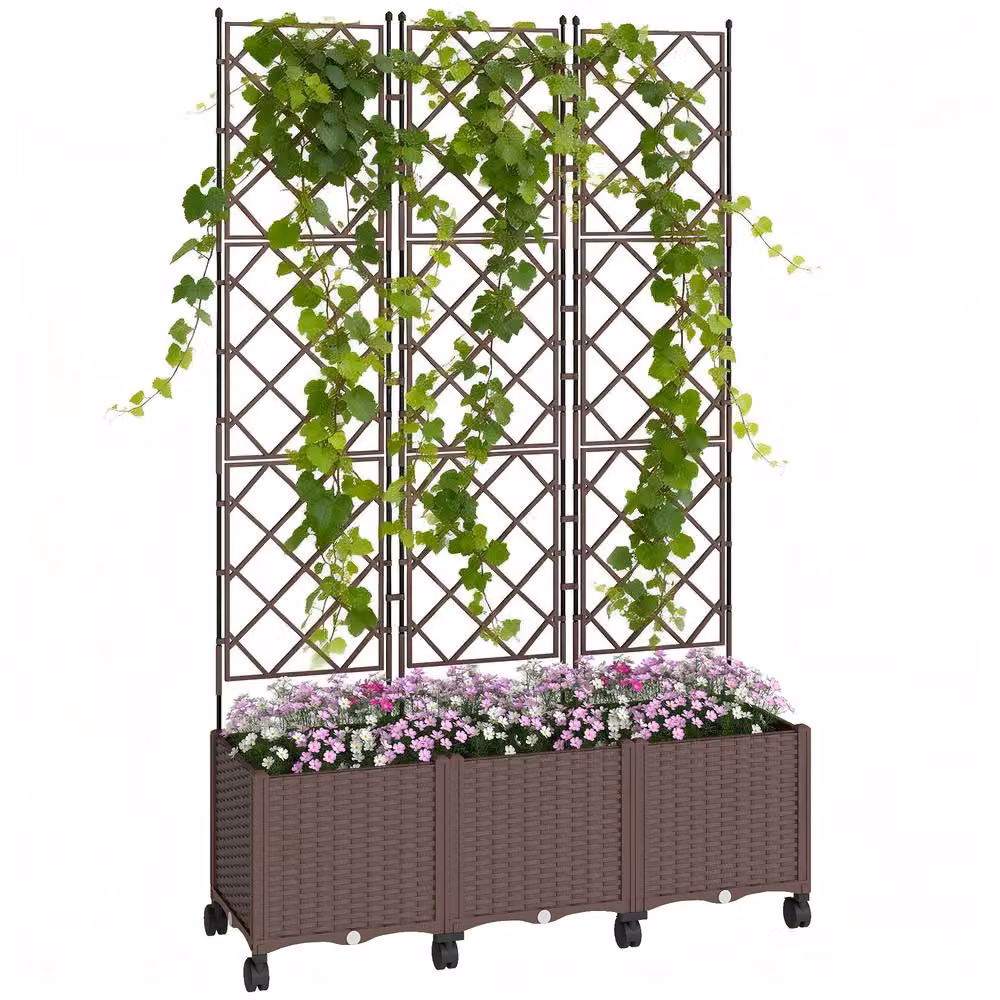 OUTSUNNY Brown Plastic Raised Planter with Trellis and Self-Watering Design, W/D/H: 120 x 40 x 192 cm – 2