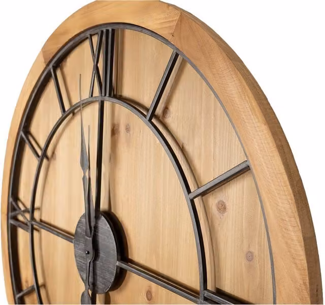 KDMK Round Industrial Wooden and Metal Wall Clock with Quartz Movement in Brown and Grey