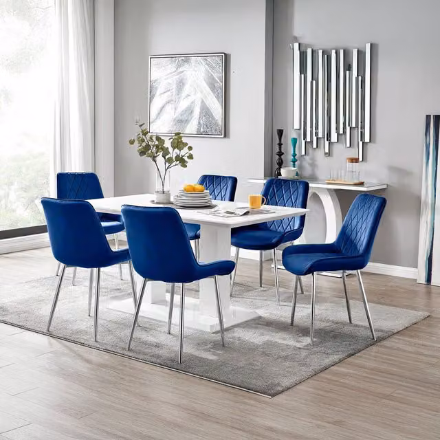 FurnitureboxUK Imperia 6-Person White Glossy Rectangular Dining Table and 6 Navy Pesaro Chairs with Silver Legs