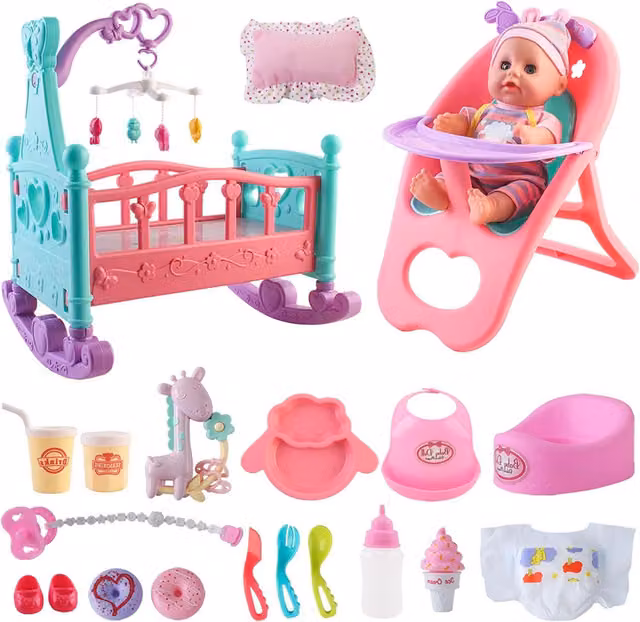 deAO Baby Doll Care Center 15 Piece Play Set in Pink and Multicolour