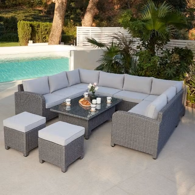 Segrada 8-Seater U-Shaped Rattan Garden Furniture Set with Rising Table in Dark Grey