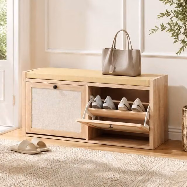 STILVORA Shoe Bench with 2 Cabinets and Padded Fabric Seat in Light Oak