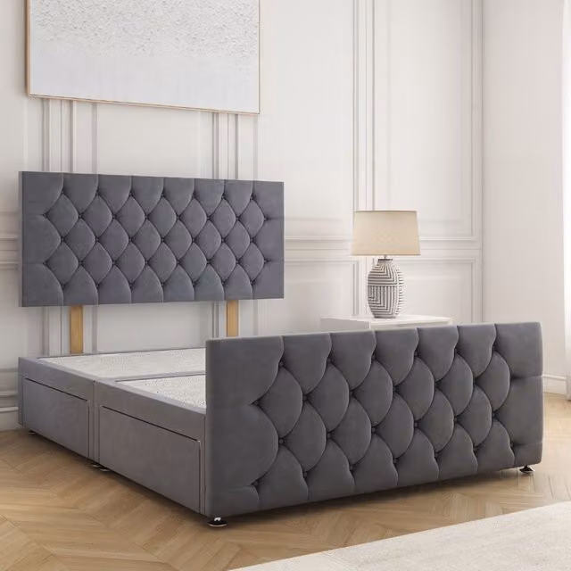 BSSPOKE Maya Grey Velvet King Size Divan Bed with 24 inch Headboard and 2 Drawers