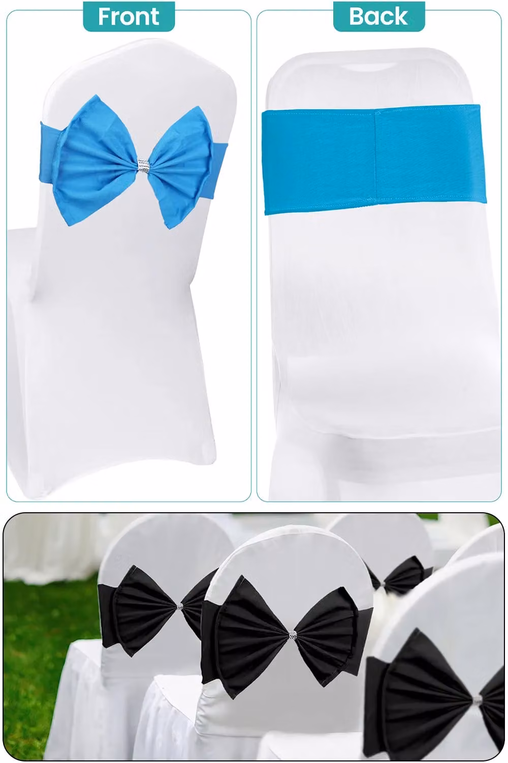 Neel Blue Pack of 10 Turquoise Stretchy Chair Sash Bands with Slider Buckles for Events and Receptions – 3