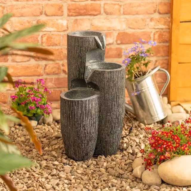 ValueLights Solar Powered Cascading Outdoor Water Feature Fountain in Grey with Warm White Light, W/D/H: 47 x 27 x 27 cm – 1
