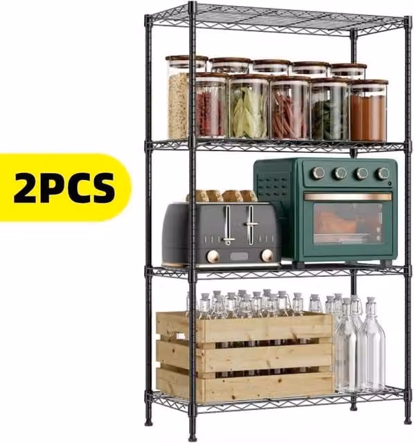KORVIXA 2 Piece Set of 4 Tier Adjustable Metal Wire Shelving Units in Black – 1