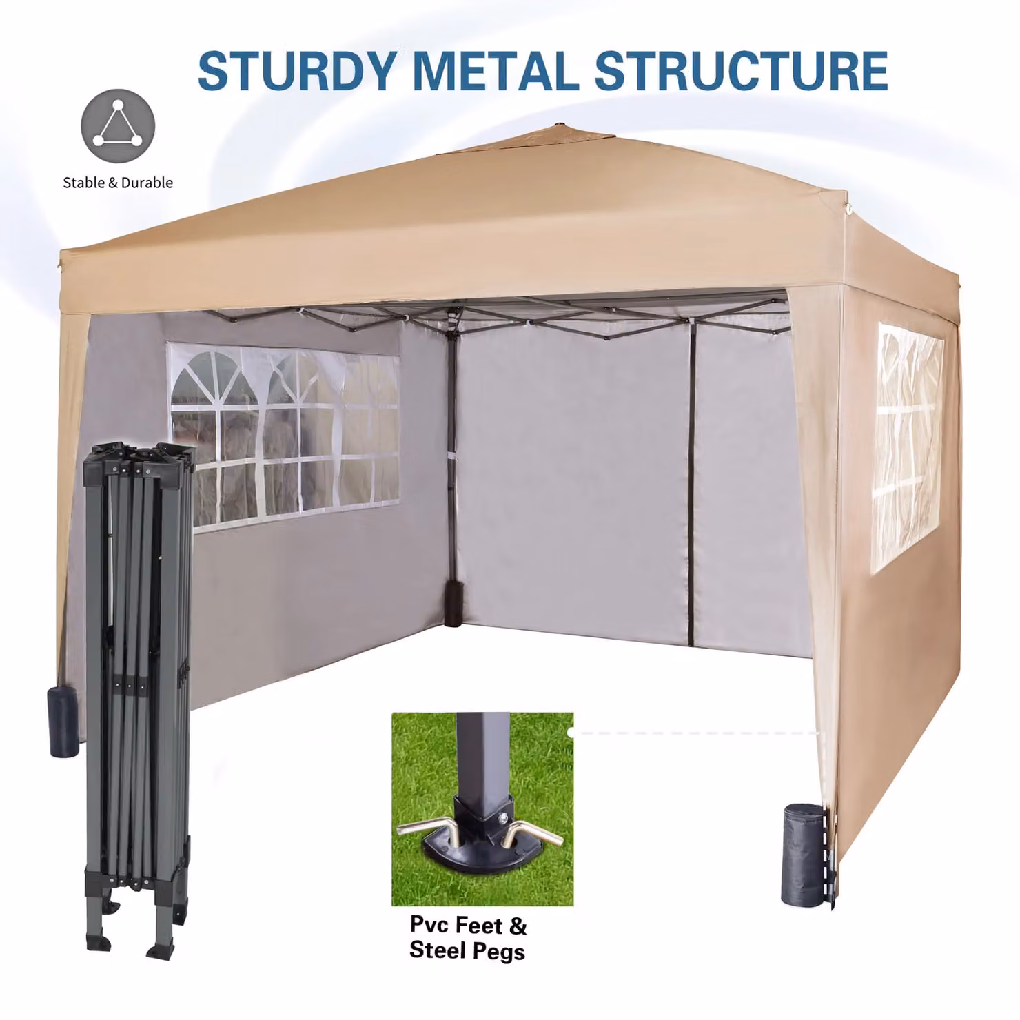 MCC Direct Pop up Gazebo with Removable Sides and Storage Bag, Beige, W: 300 cm, D: 300 cm, H: 255 cm – 2