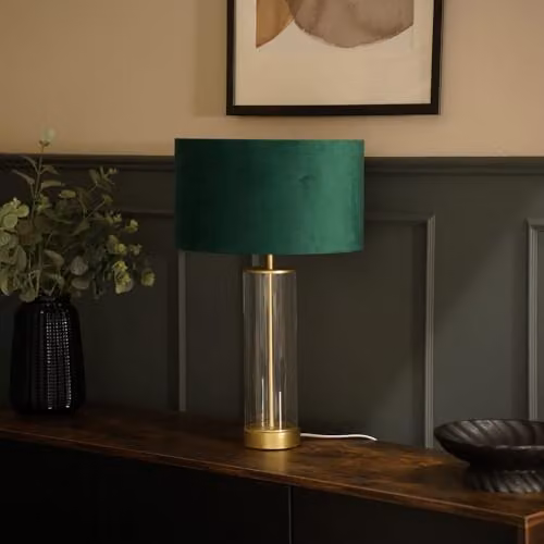 ValueLights Balan Glass and Gold Metal Table Lamp with Green Fabric Drum Shade, H 56 x W 35 x D 35 cm – 2