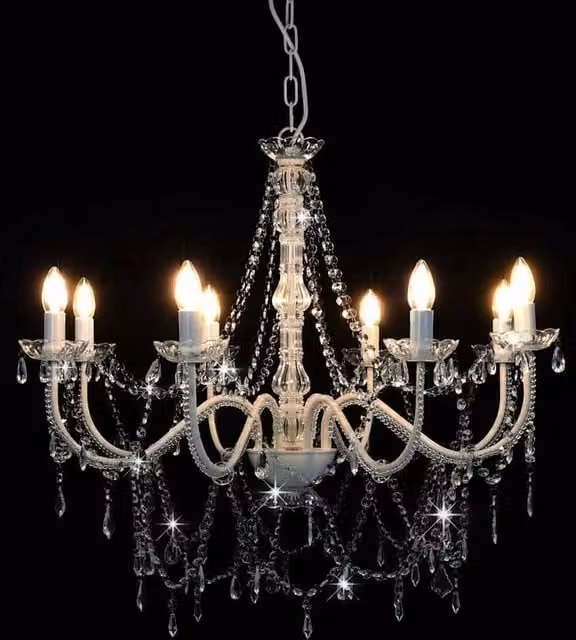 Berkfield Home Beautiful White Chandelier with Transparent Beads and 8 x E14 Bulbs
