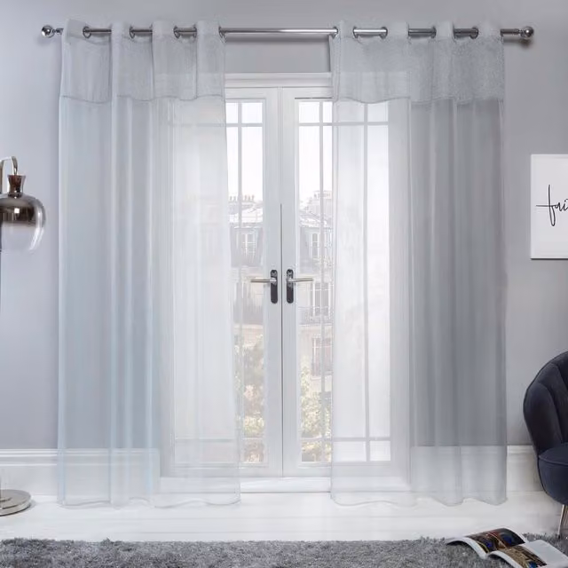 Sienna Pair of Silver Glitter Voile Net Eyelet Top Curtains