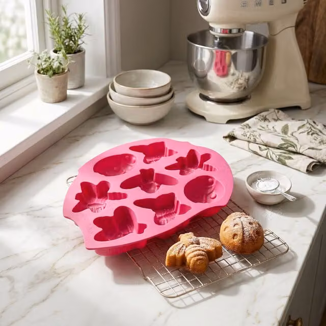 Orsina Pink Silicone Cake Mould with 8 Tropical Insect and Peony Designs – 1