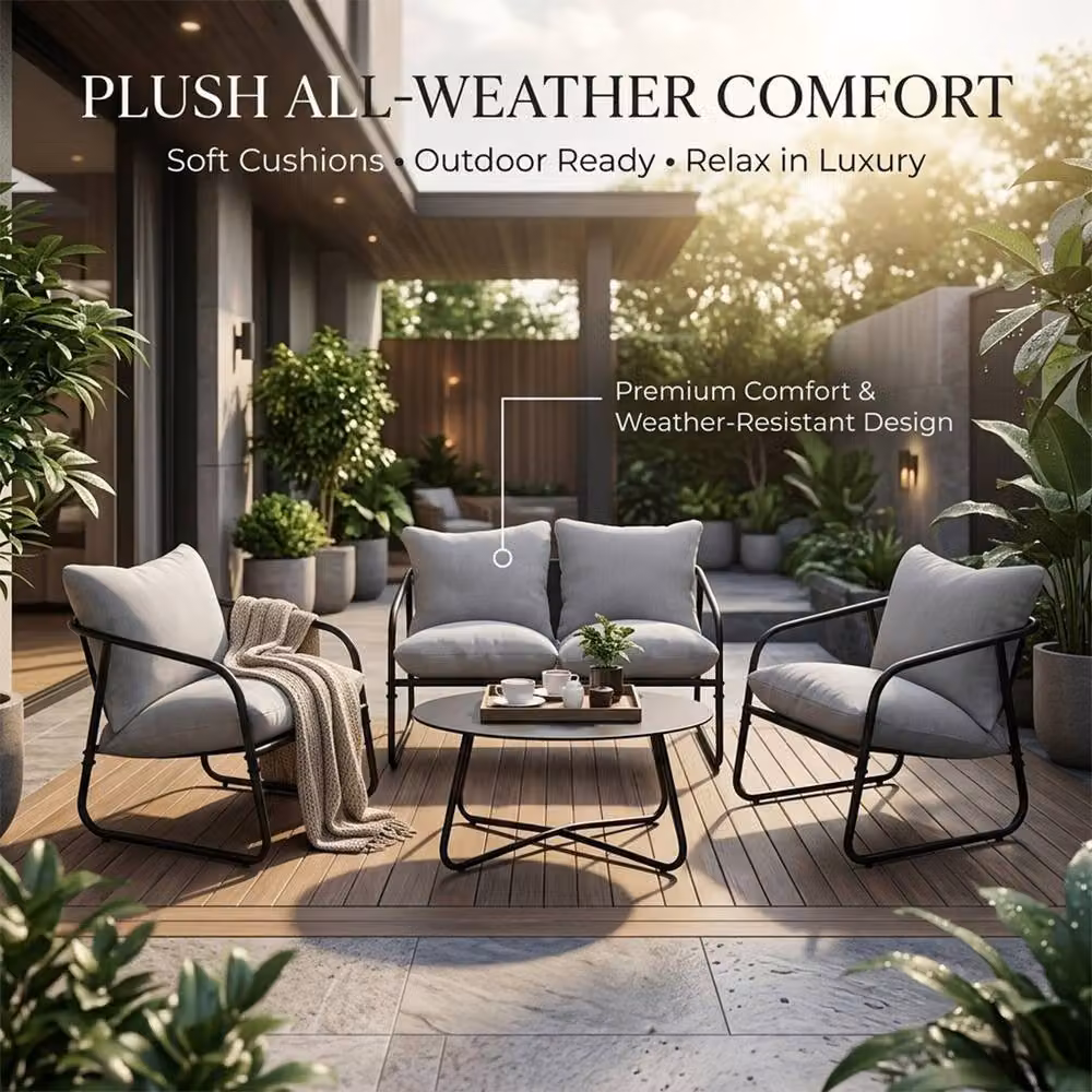 Alivio 4-Piece Outdoor Patio Chair Set with Side Table in Grey and Black, Cushioned Garden Bistro Furniture for Balcony, Terrace or Garden – 2
