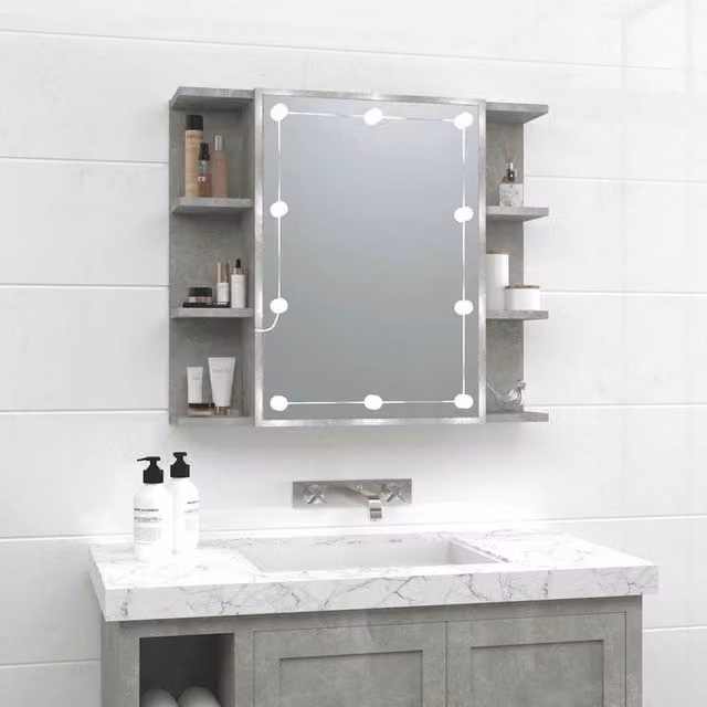 Berkfield Home Modern Mirror Cabinet with Integrated LED Lighting in Concrete Grey, W/D/H: 70 x 16.5 x 60 cm