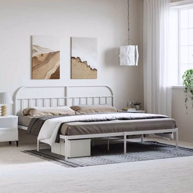 Berkfield Home Metal Bed Frame with Headboard in White W: 193 cm, L: 203 cm