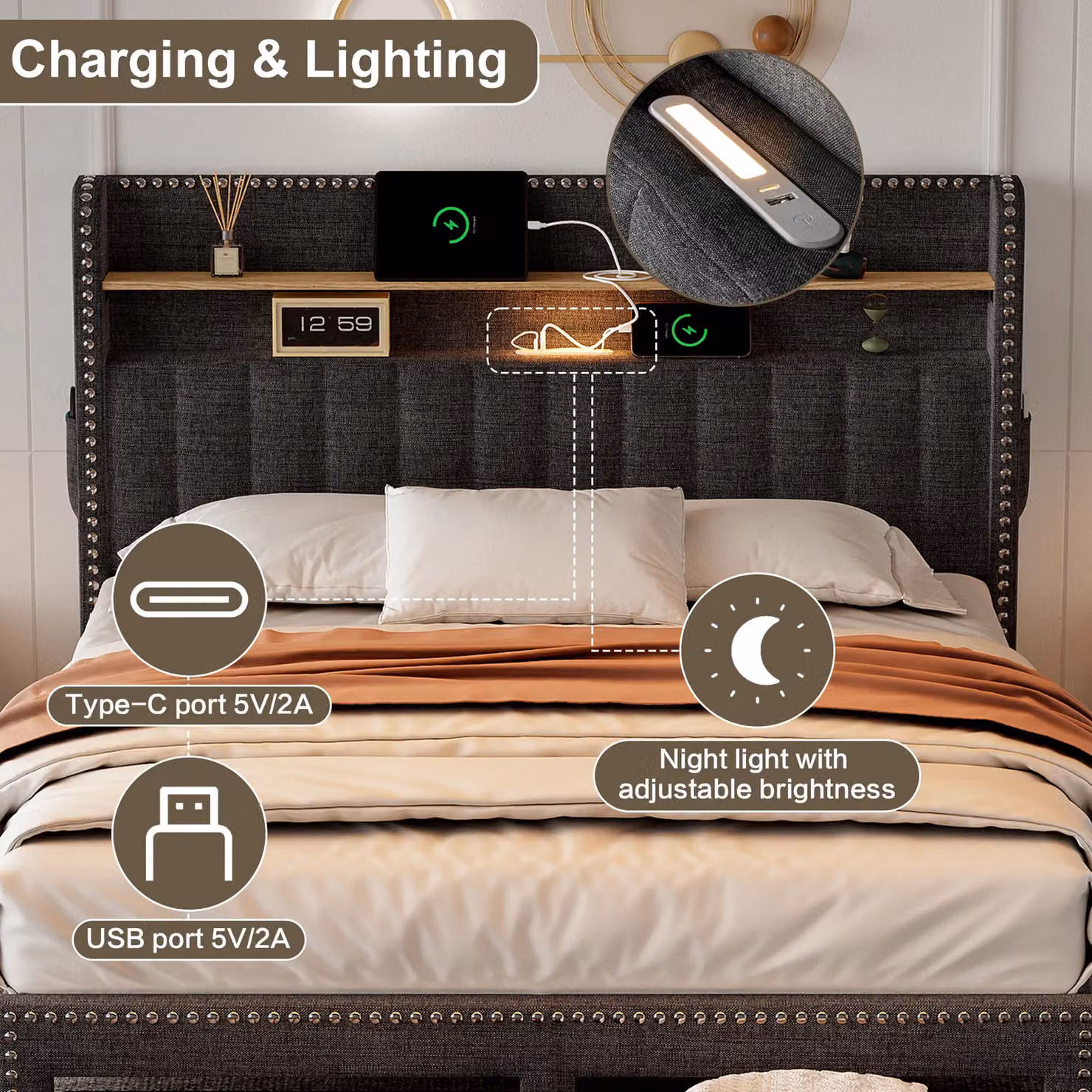 AKA Double Upholstered Bed in Grey with 2 Storage Drawers, Bedside Shelf and USB Charging Port, W/D/H: 140 x 200 cm – 3