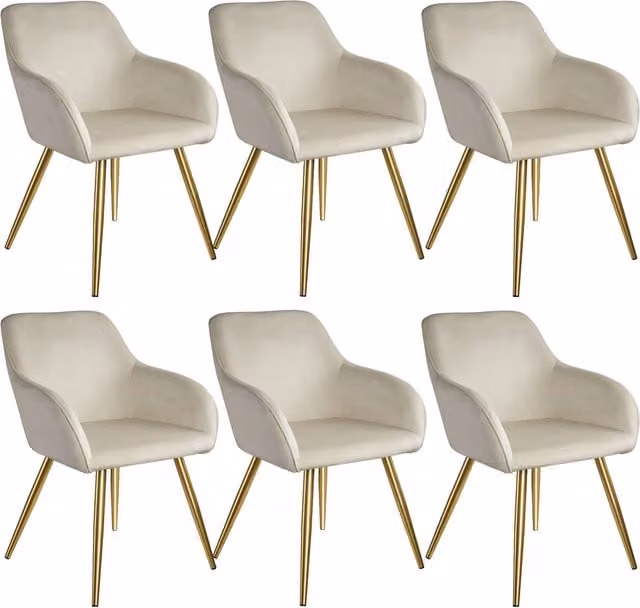 Tectake Set of 6 Marilyn Velvet-Look Chairs in Cream and Gold
