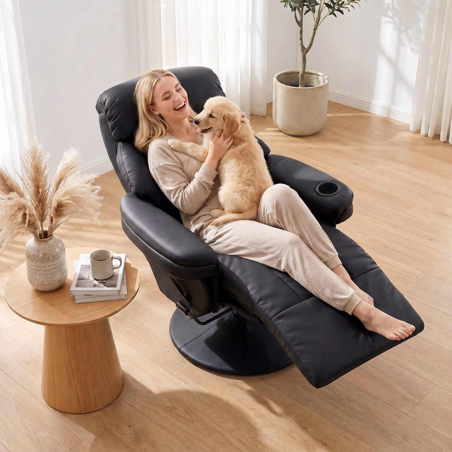 HOMCOM Black Upholstered Manual Reclining Armchair with Synthetic Leather and Metal Frame – 7
