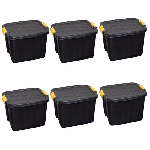 Samuel Alexander 6 Pack of 42L Heavy Duty Lockable and Stackable Plastic Storage Tubs with Clips in Black – 1