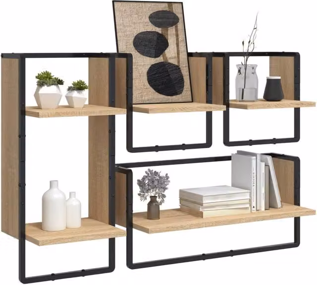 Berkfield Home 4 Piece Decorative Wall Shelf Set with Hanging Rods in Sonoma Oak and Light Brown – 1