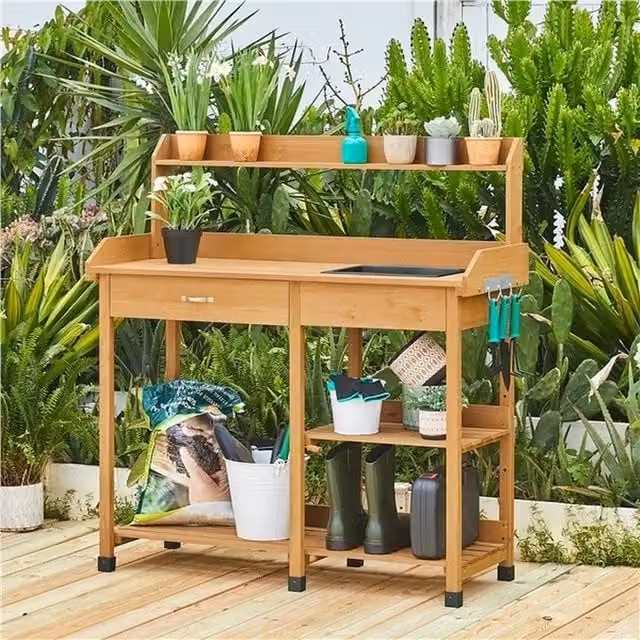 EONLION Brown Wooden Garden Potting Bench Table