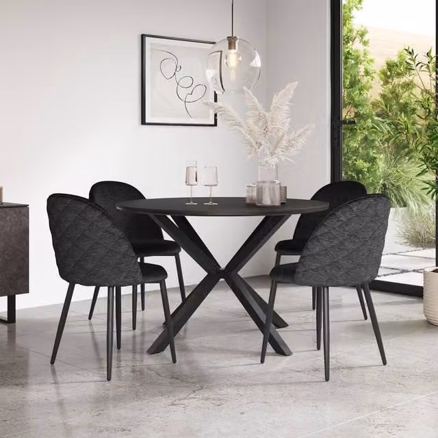 More4Homes Calne Round Ceramic Dining Table and 4 Raye Velvet Chairs in Black, Diameter: 120 cm, Height: 75 cm – 1